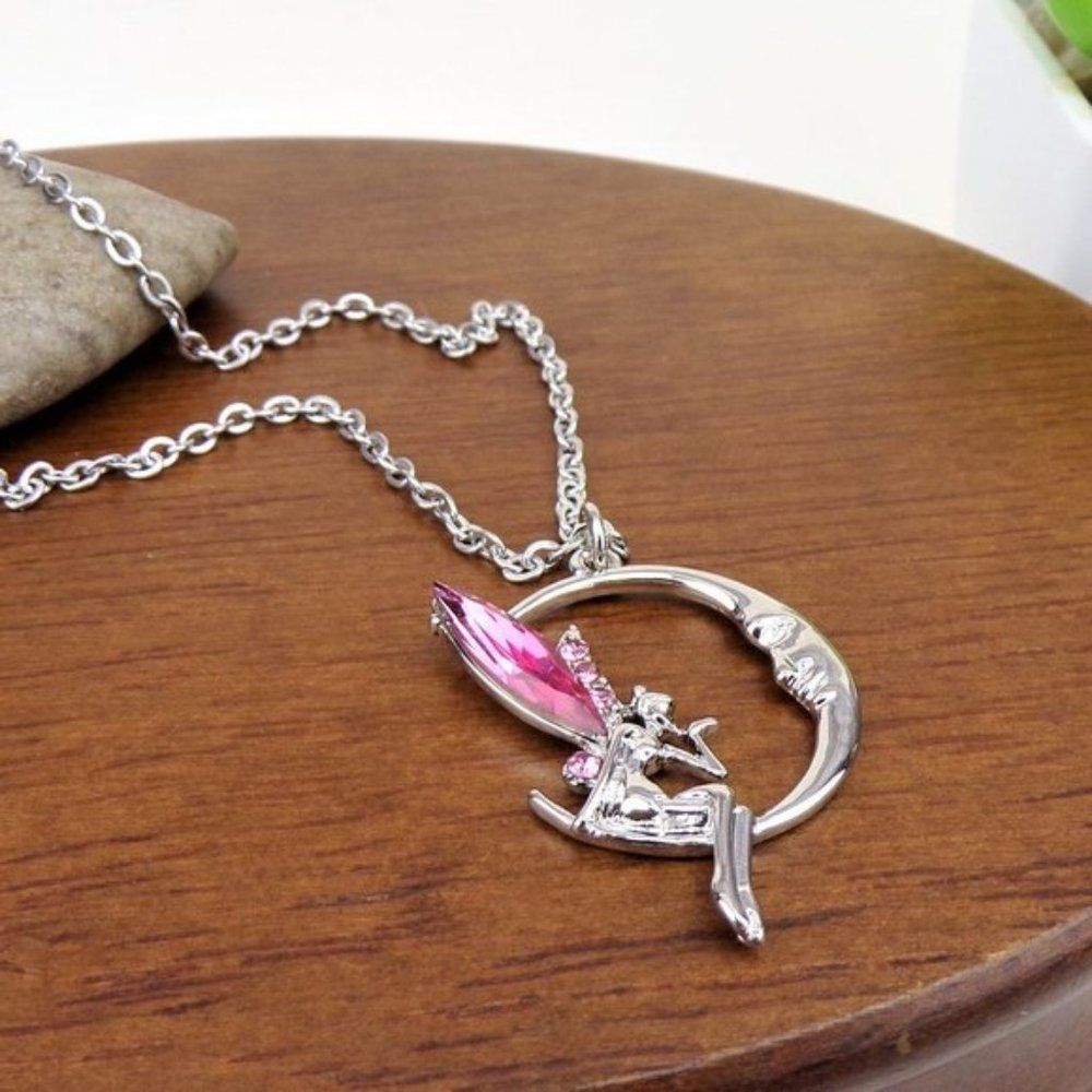 Fairy Moon Pendant Silver Tone Chain N 11$